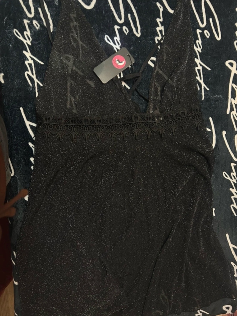 Garmol Black Sparkle Lace-Trim Chemise